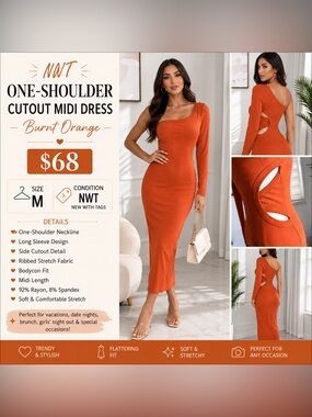 One-Shoulder Cutout Midi Dress in Rust Orange